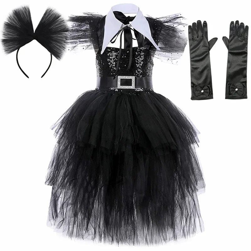 Wednesday Addams Costume Kids Black Gothic Dress