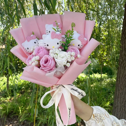 Kawaii Plush Bouquet with Kitty and Artificial Flowers