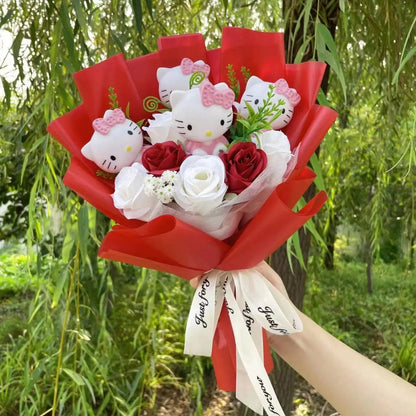 Kawaii Plush Bouquet with Kitty and Artificial Flowers