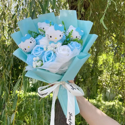 Kawaii Plush Bouquet with Kitty and Artificial Flowers