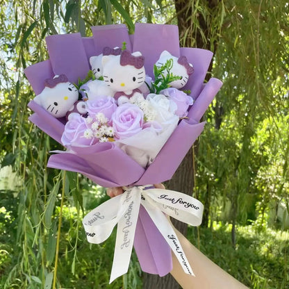 Kawaii Plush Bouquet with Kitty and Artificial Flowers