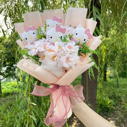 Kawaii Plush Bouquet with Kitty and Artificial Flowers