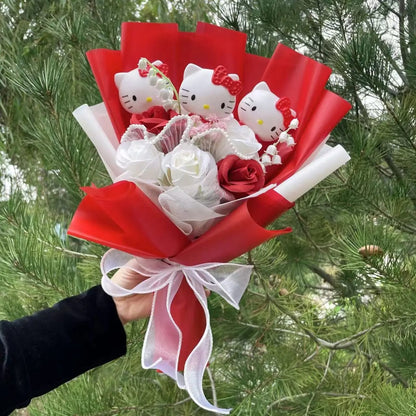 Kawaii Plush Bouquet with Kitty and Artificial Flowers