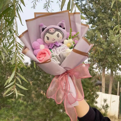 Kawaii Plush Bouquet with Kitty and Artificial Flowers