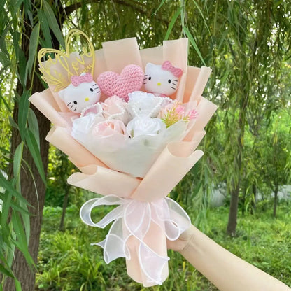 Kawaii Plush Bouquet with Kitty and Artificial Flowers