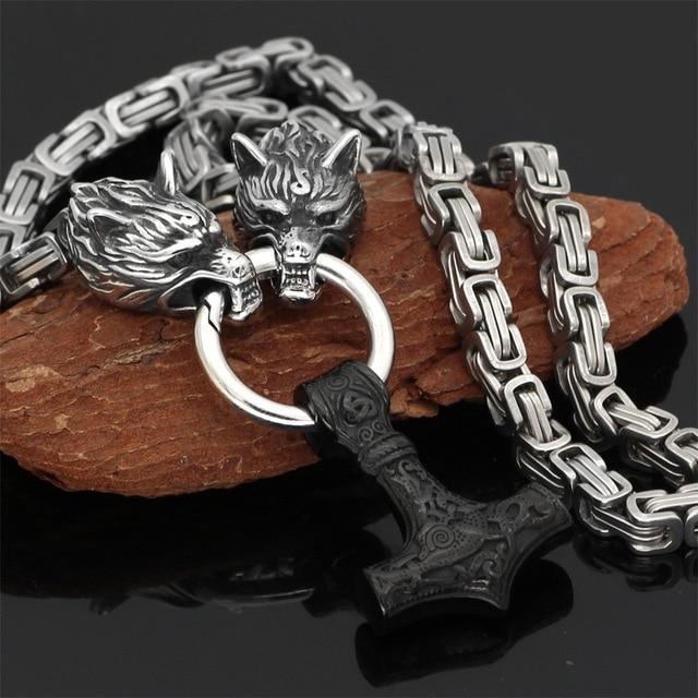 Viking-Inspired Double Wolf & Mjolnir Necklace/Bracelet