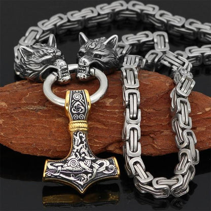 Viking-Inspired Double Wolf & Mjolnir Necklace/Bracelet