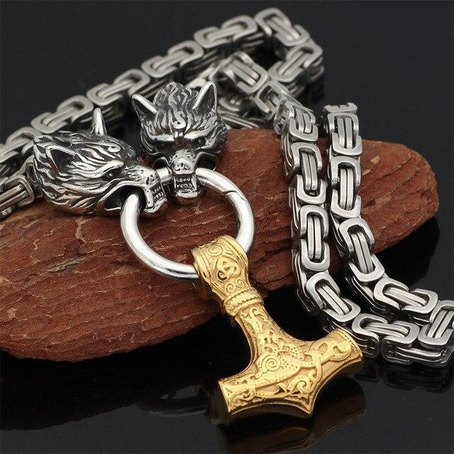 Viking-Inspired Double Wolf & Mjolnir Necklace/Bracelet