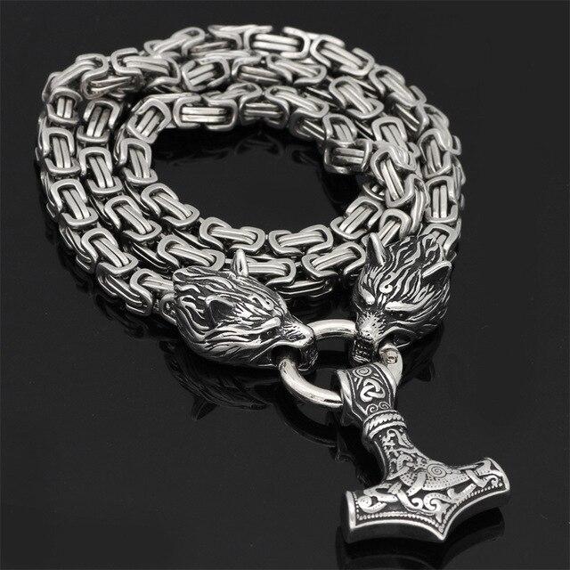 Viking-Inspired Double Wolf & Mjolnir Necklace/Bracelet